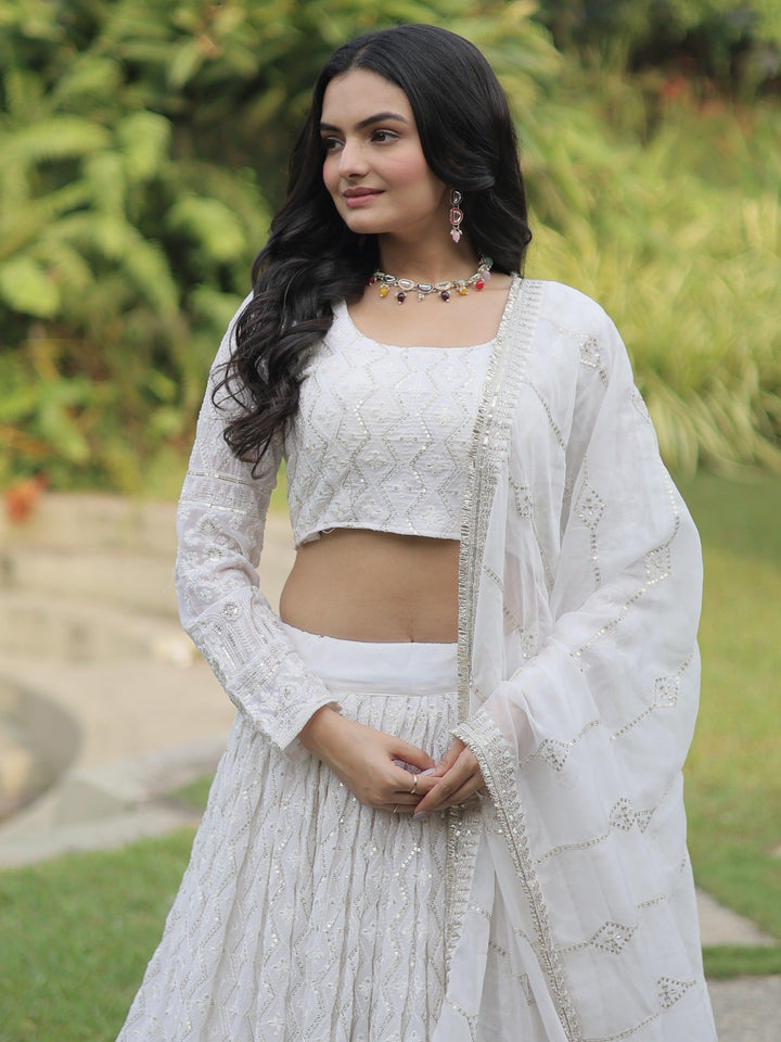 Bewitching White Thread Work | Georgette Reception Wear Lehenga Choli Edition