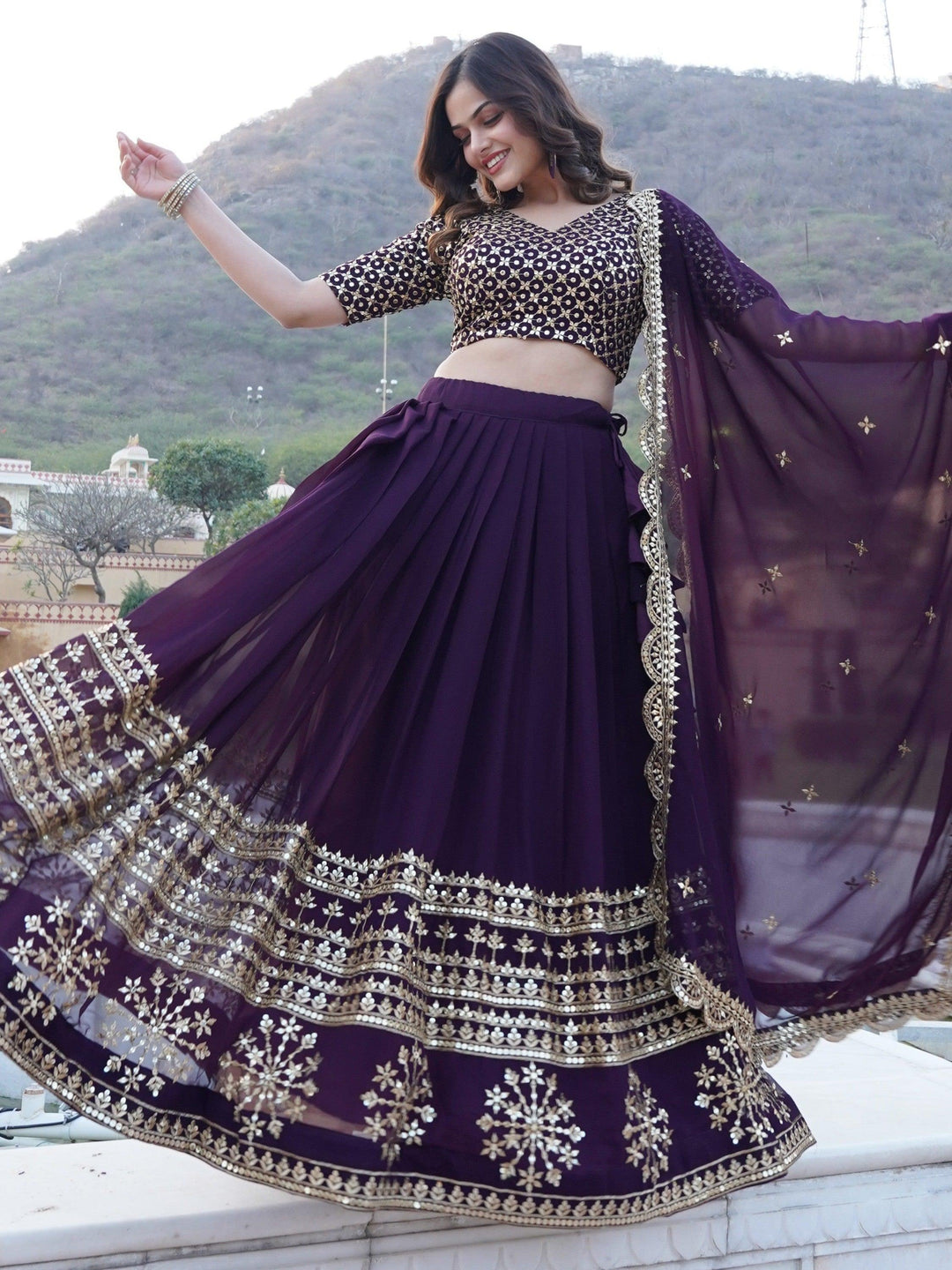 Surprising Purple Sequins Georgette | Wedding Wear Lehenga Choli Trendy