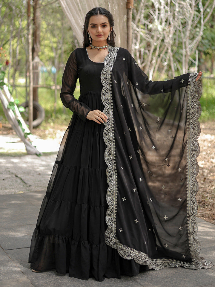 Black Georgette Ready-Made Designer Gown | Stylish Evening Gown with Dupatta