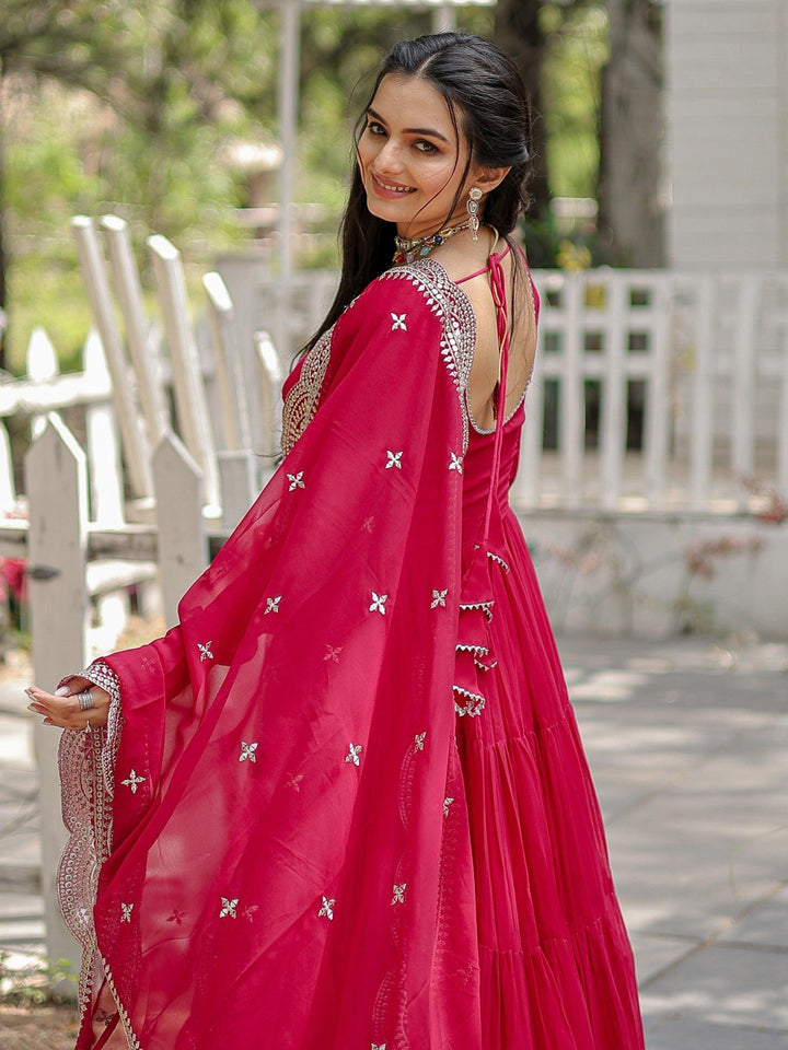 Rani Pink Georgette Designer Gown with Dupatta | Reception Wear Gown