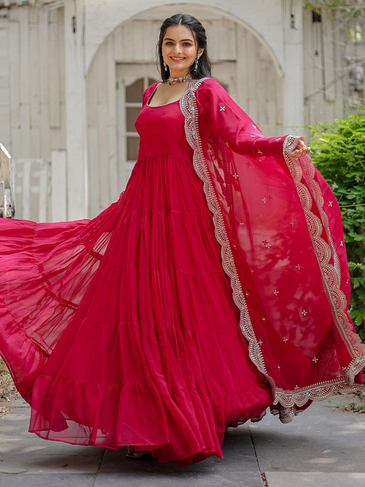 Rani Pink Georgette Designer Gown with Dupatta | Reception Wear Gown
