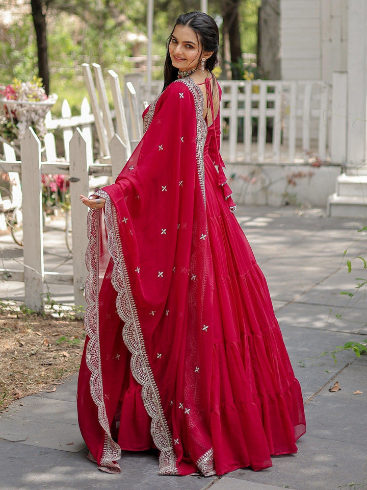 Rani Pink Georgette Designer Gown with Dupatta | Reception Wear Gown