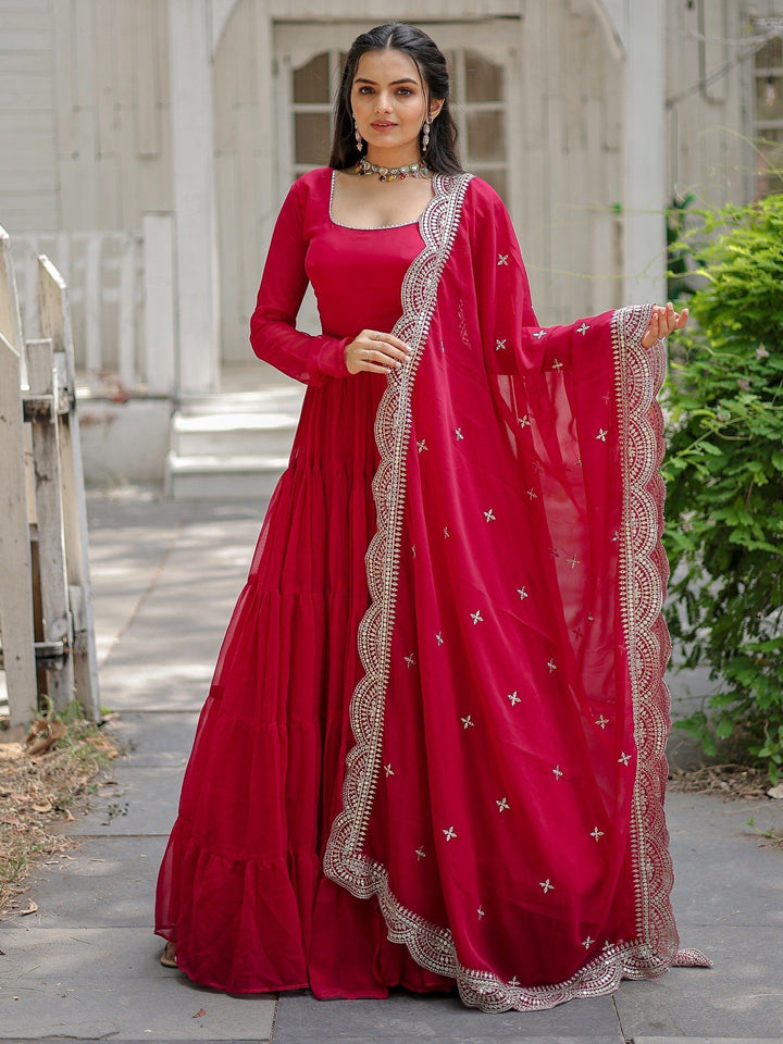 Rani Pink Georgette Designer Gown with Dupatta | Reception Wear Gown