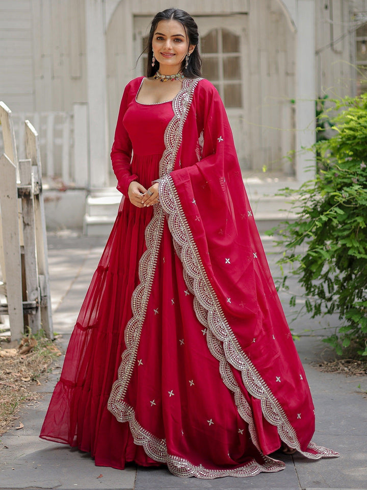 Rani Pink Georgette Designer Gown with Dupatta | Reception Wear Gown