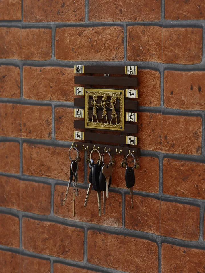 Handmade Sheesham Wood Key Holder | Warli Art 6-Hook Wall Decor