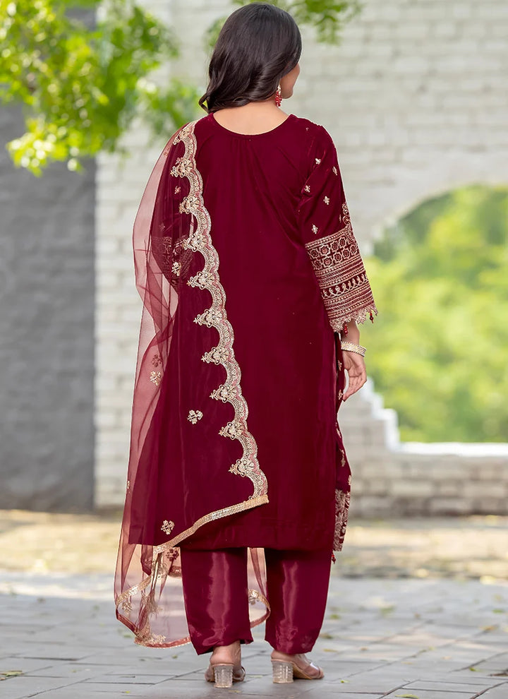Elegant Maroon Velvet Suit | Chic Ethnic Wear with a Gorgeous Dupatta