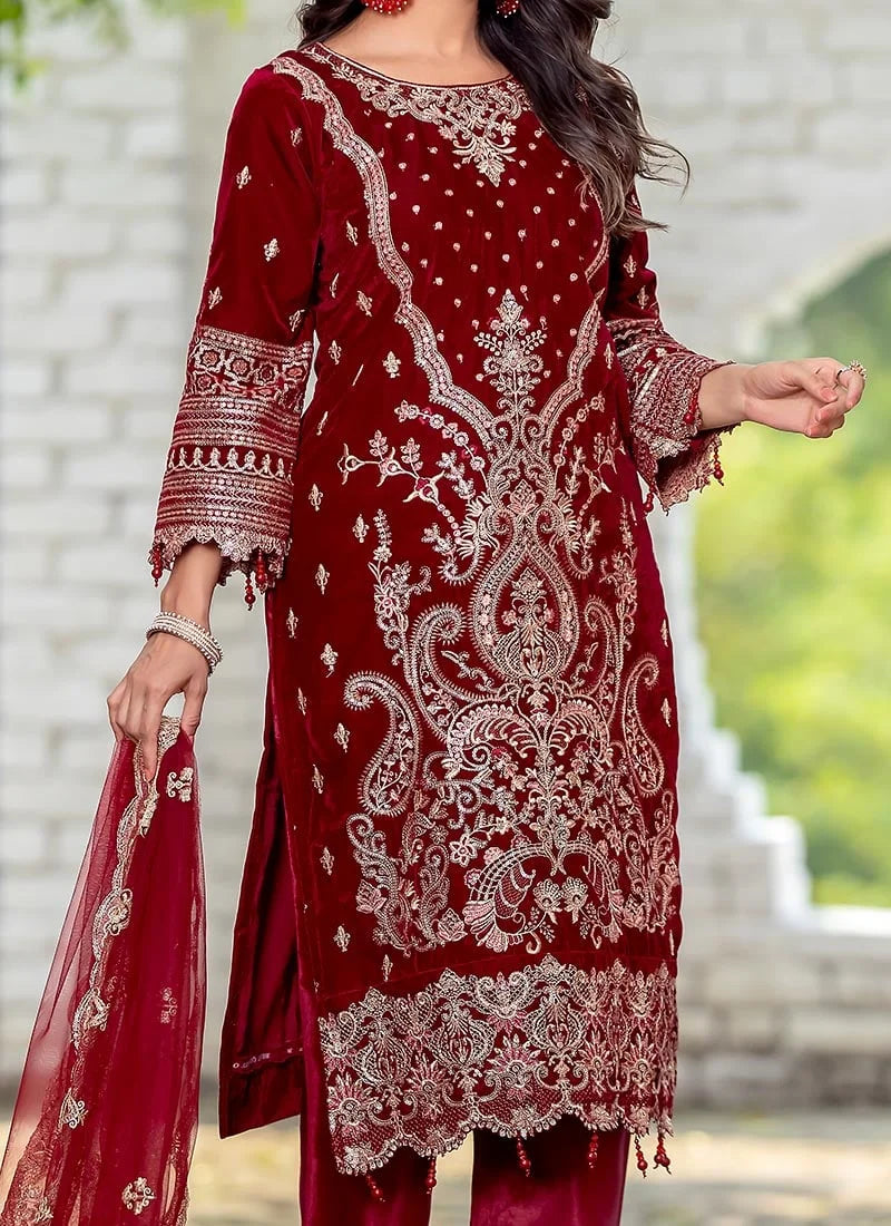 Elegant Maroon Velvet Suit | Chic Ethnic Wear with a Gorgeous Dupatta