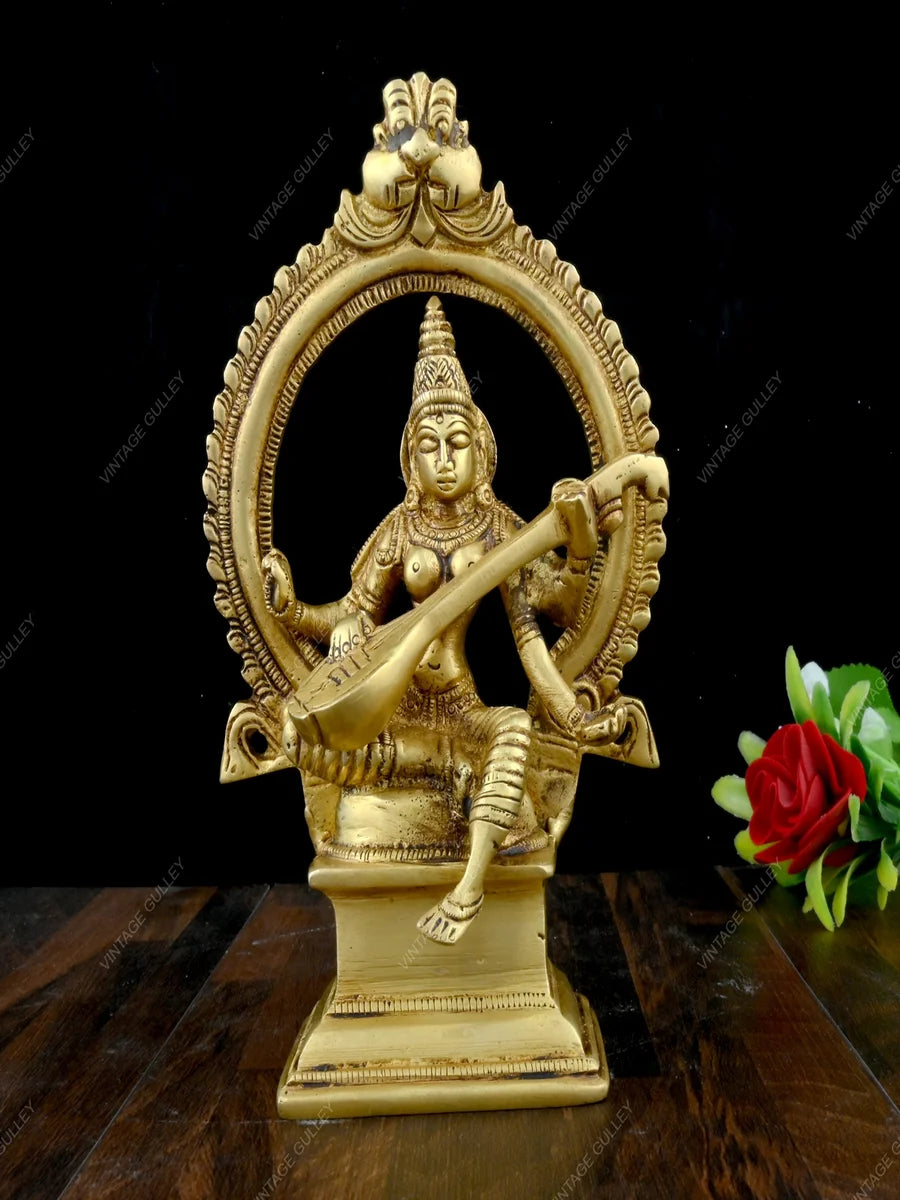 Brass Saraswati Statue | Handmade Hindu God Murtis | Perfect Gift Idea