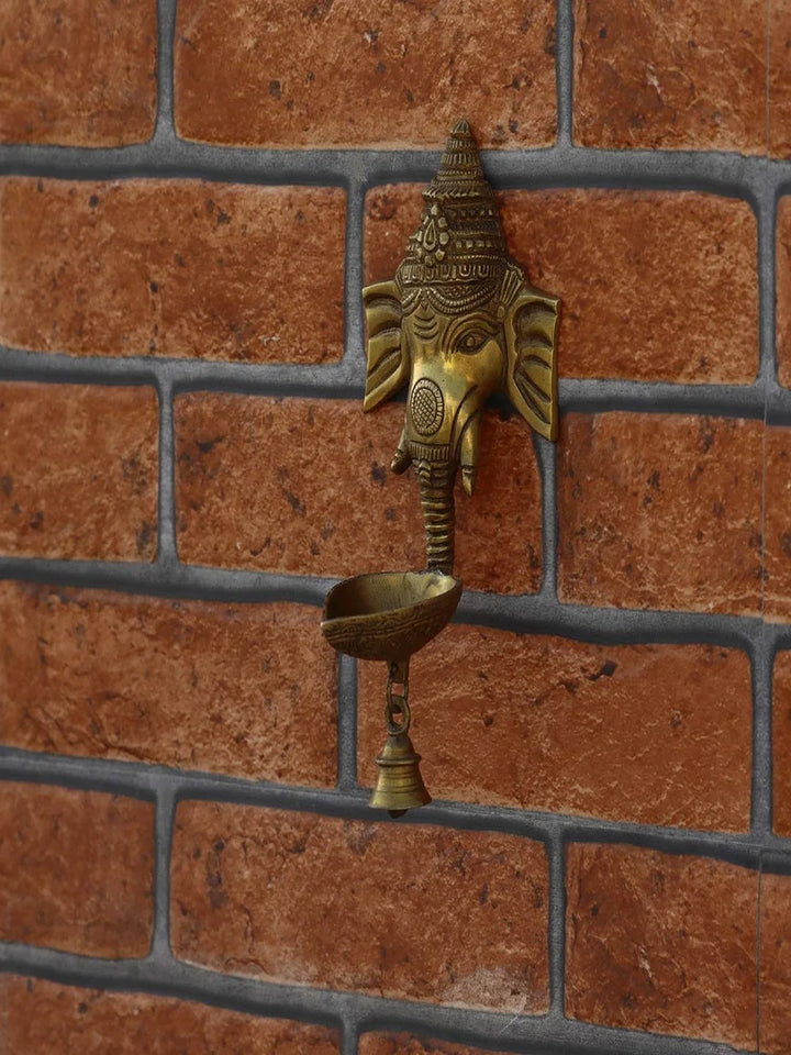 Brass Ganesha Wall Hanging Diya with Bell | Handcrafted Decorative Lamp