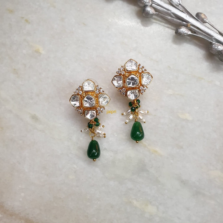 Emerald Green Stone Moissanite | Kundan Polki Studs Earrings Collection
