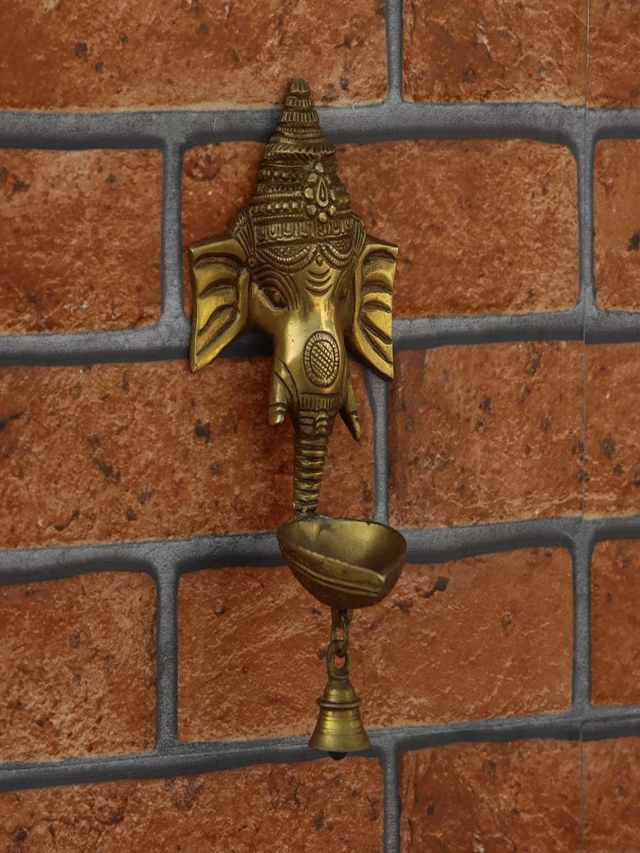 Brass Ganesha Wall Hanging Diya with Bell | Handcrafted Decorative Lamp