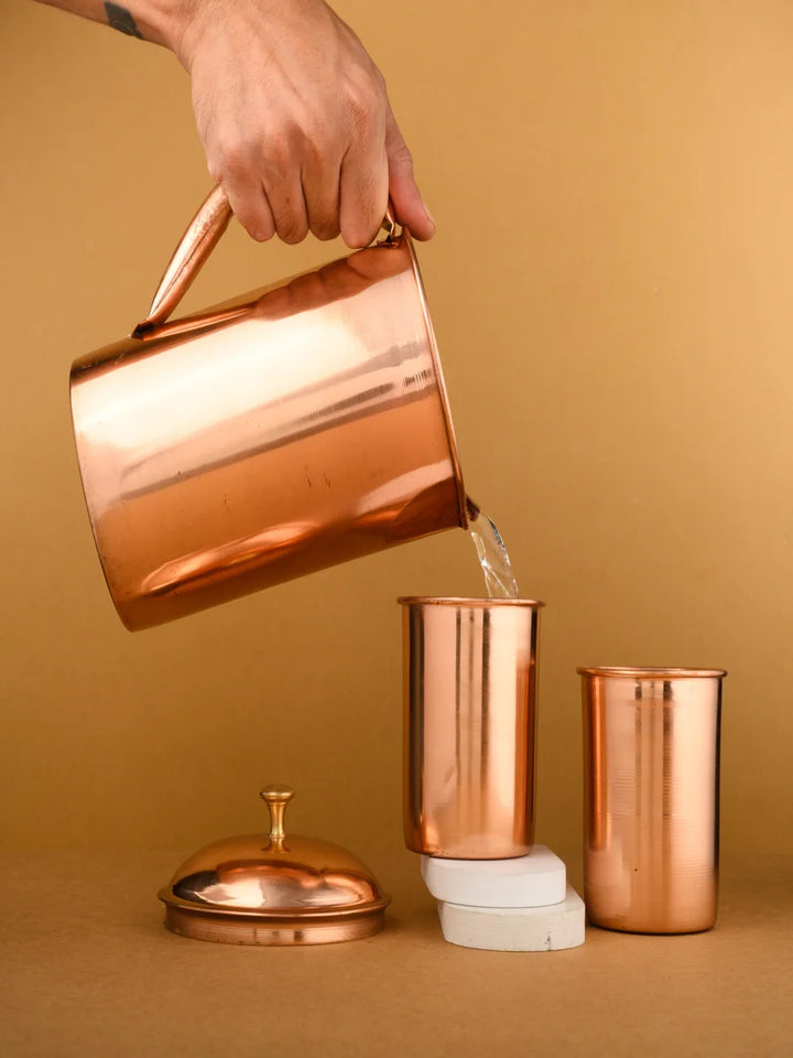 Glossy Copper Jar & 2 Glass Set | Traditional Drinkware for Home