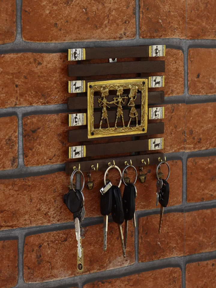 Handmade Sheesham Wood Key Holder | Warli Art 6-Hook Wall Decor