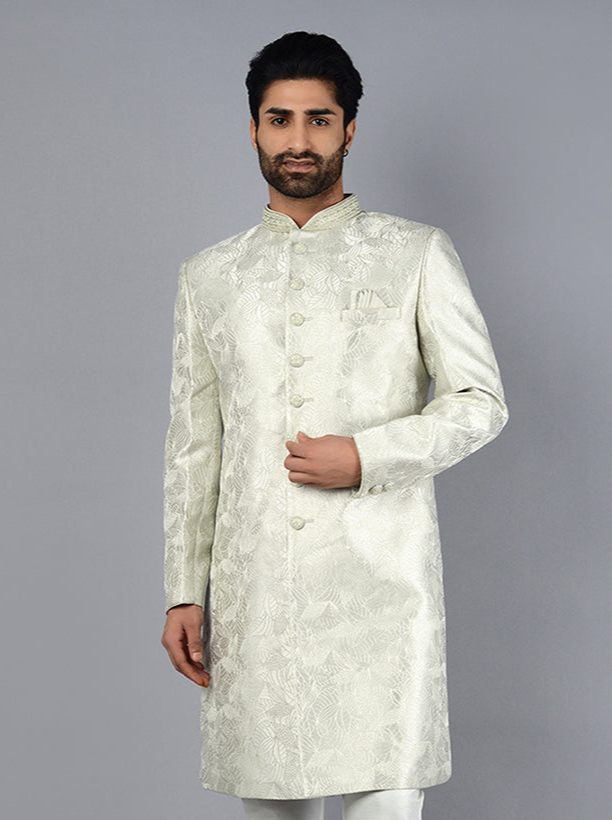 Exquisite Pista Green Jacquard Indowestern | Stylish for Sangeet