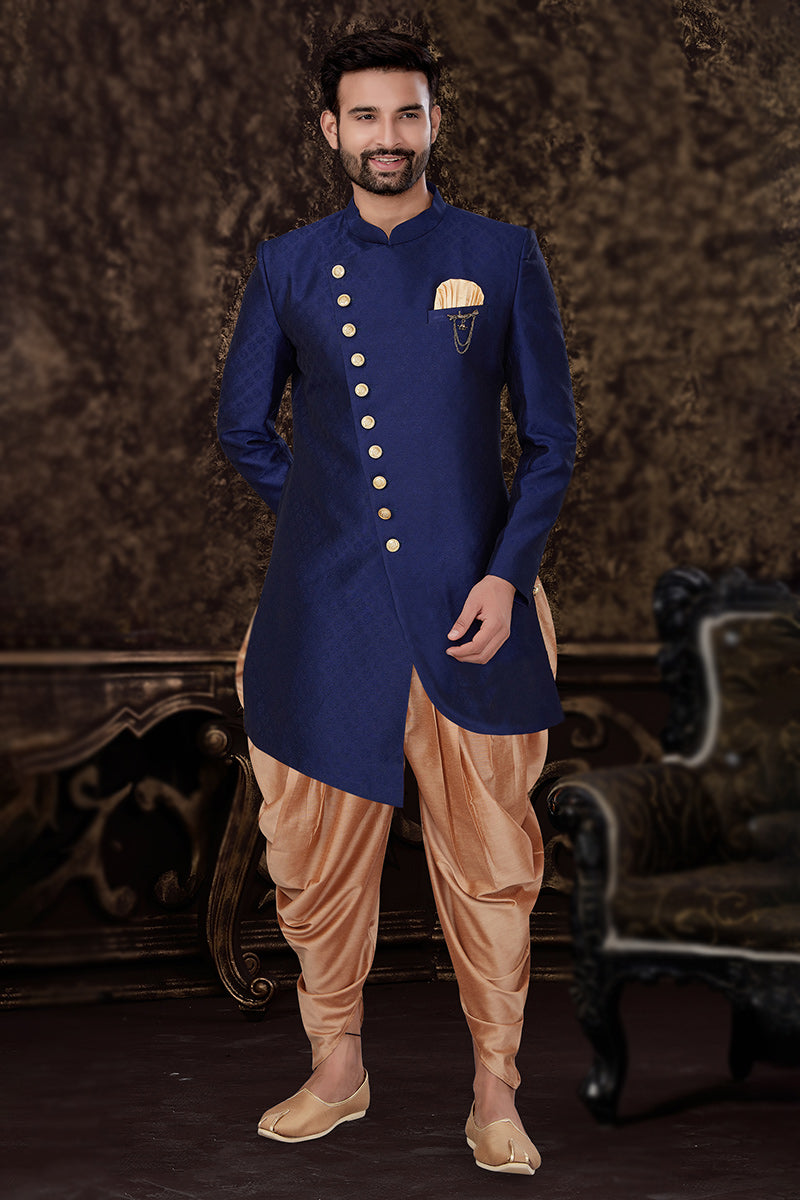 Traditional Blue Jacquard Silk Kurta | Lucknowi Work with Gold Cotton Pant