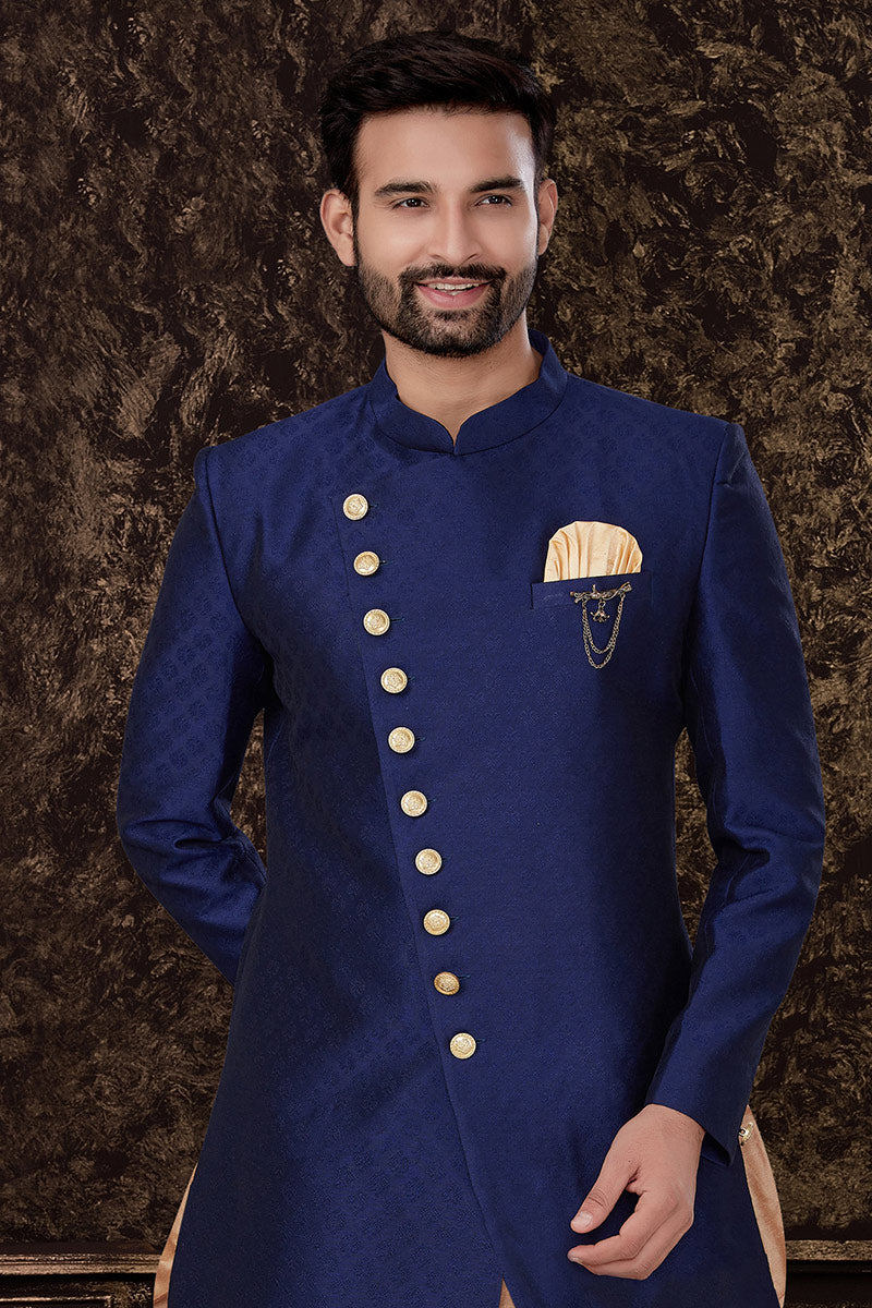 Traditional Blue Jacquard Silk Kurta | Lucknowi Work with Gold Cotton Pant