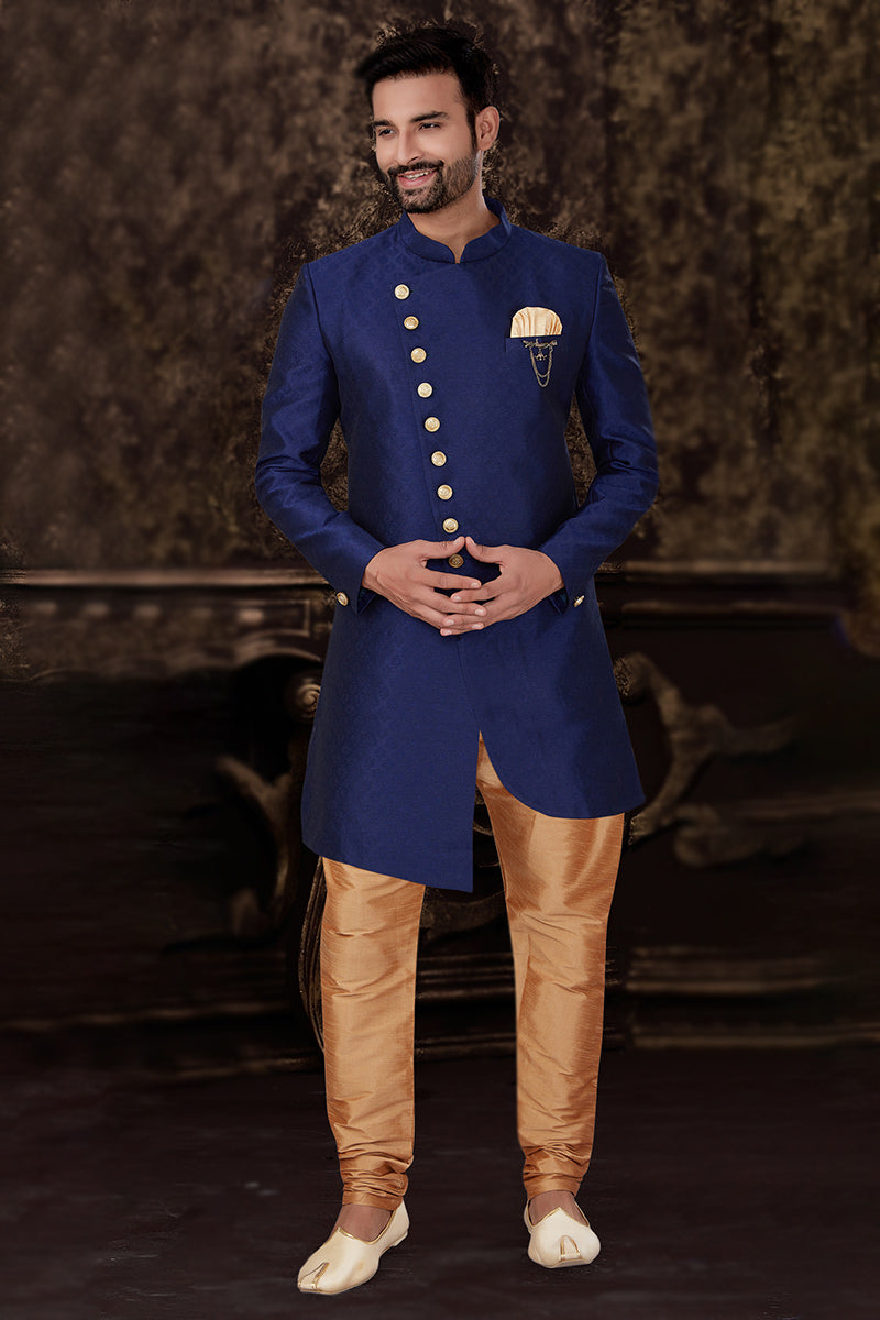 Traditional Blue Jacquard Silk Kurta | Lucknowi Work with Gold Cotton Pant