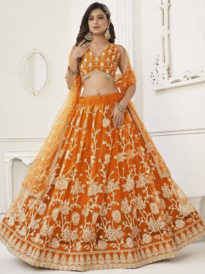 Astounding Orange Sequins Net Lehenga Choli with Dupatta | Sangeet Wear & Luxury Wear