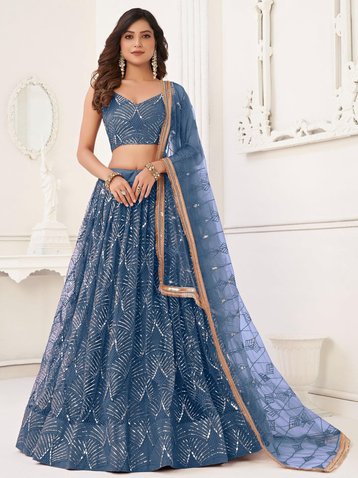 Fabulous Blue Sequins Net Sangeet Wear | Luxury Wear Lehenga Choli with Dupatta