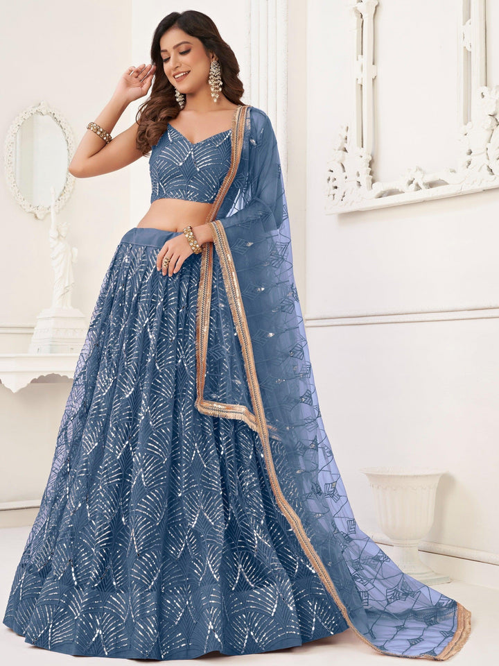 Fabulous Blue Sequins Net Sangeet Wear | Luxury Wear Lehenga Choli with Dupatta
