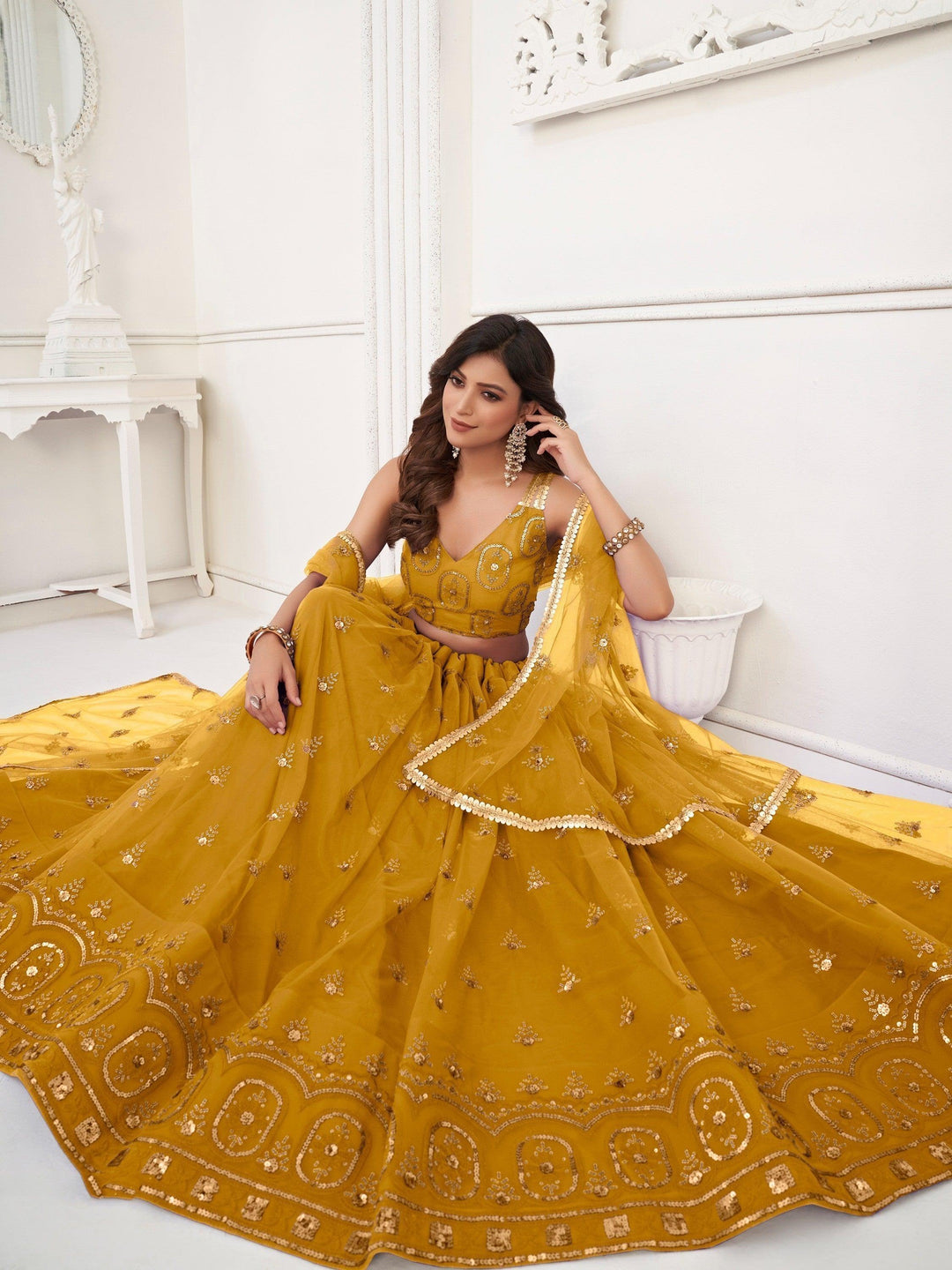 Enchanting Mustard Yellow Sequins | Net Haldi Wear Lehenga Choli Exclusive