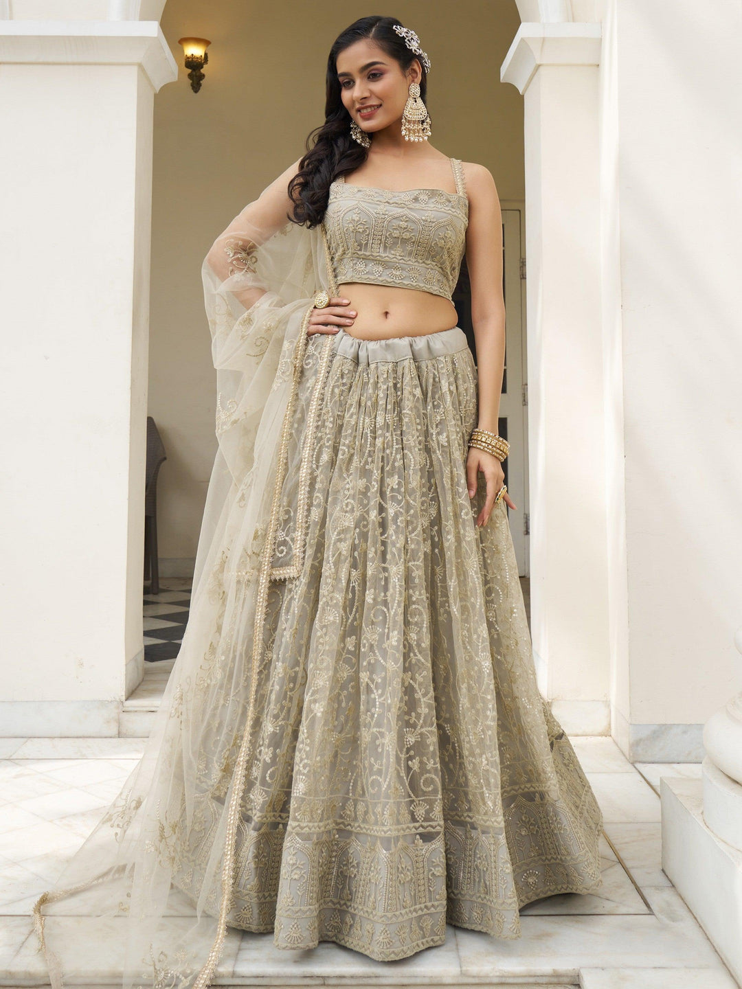 Bewitching Ivory Thread Work | Net Engagement Wear Lehenga Choli Luxury Wear
