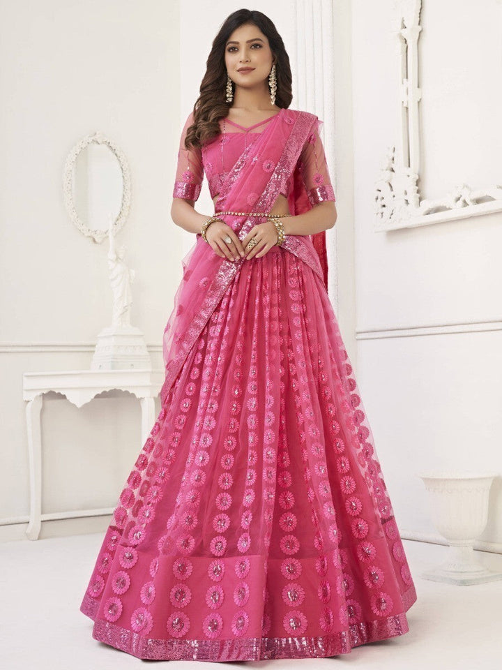Wonderful Bright Pink Embroidered | Net Wedding Wear Lehenga Choli Luxury Wear