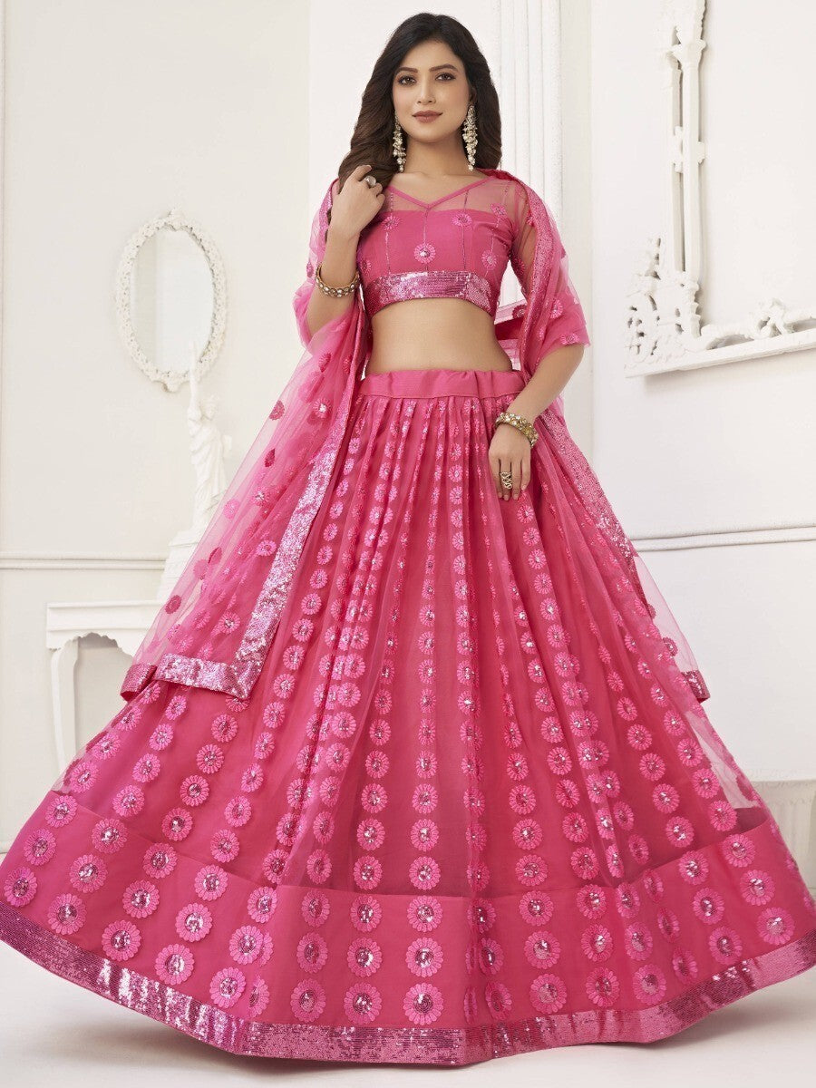 Wonderful Bright Pink Embroidered | Net Wedding Wear Lehenga Choli Luxury Wear