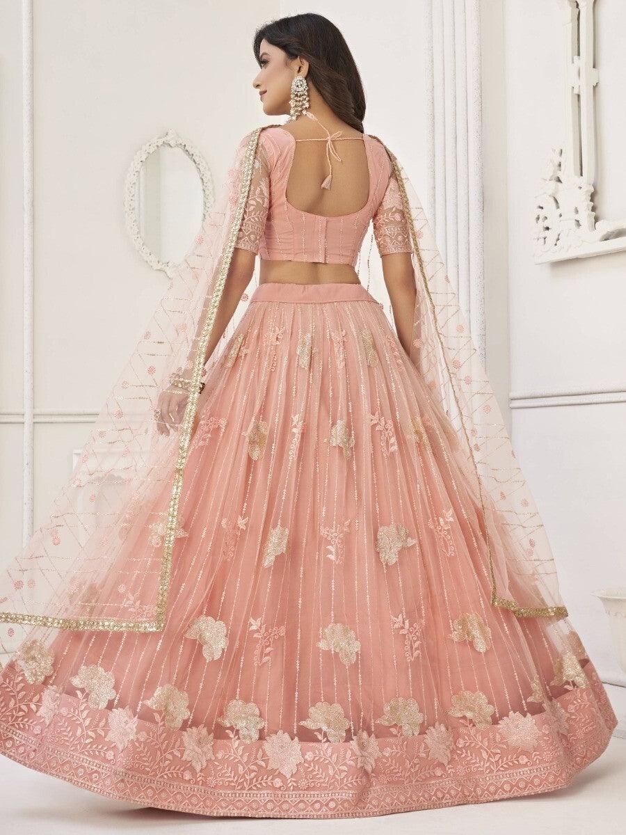 Fantastic Peach Sequins Net Wedding | Wear Lehenga Choli With Dupatta Style Statement