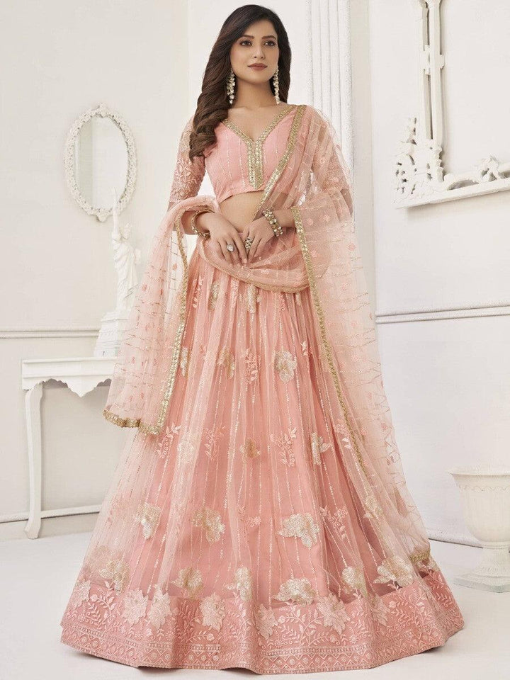 Fantastic Peach Sequins Net Wedding | Wear Lehenga Choli With Dupatta Style Statement