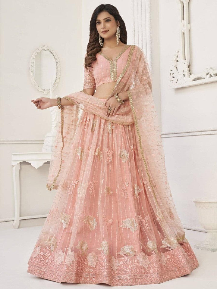 Fantastic Peach Sequins Net Wedding | Wear Lehenga Choli With Dupatta Style Statement
