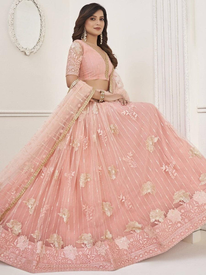Fantastic Peach Sequins Net Wedding | Wear Lehenga Choli With Dupatta Style Statement