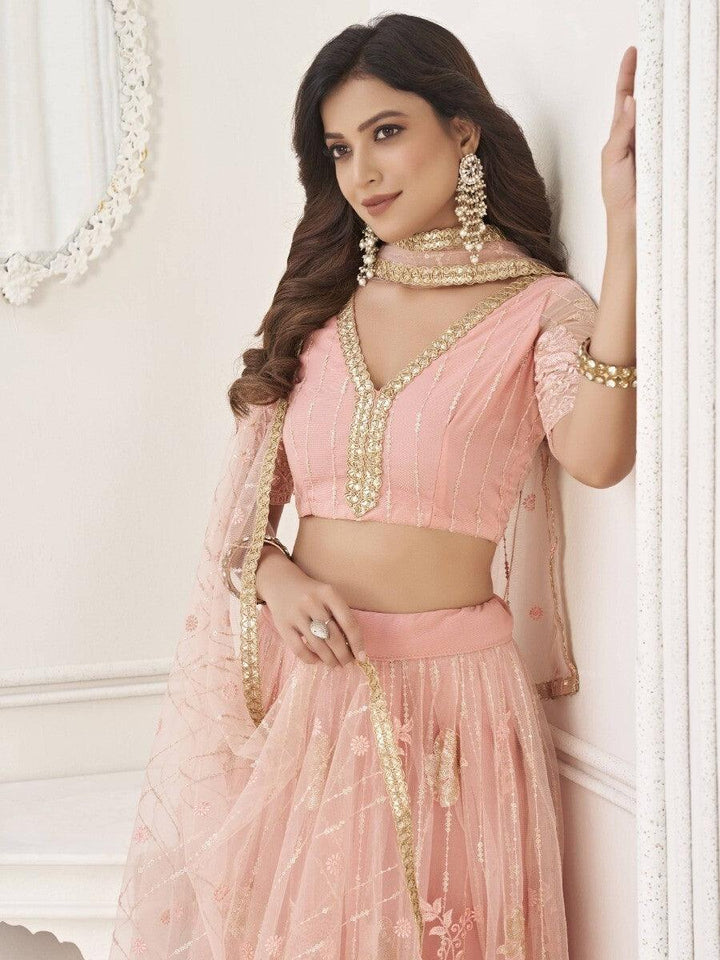 Fantastic Peach Sequins Net Wedding | Wear Lehenga Choli With Dupatta Style Statement