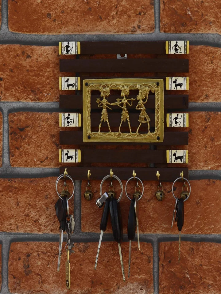 Handmade Sheesham Wood Key Holder | Warli Art 6-Hook Wall Decor