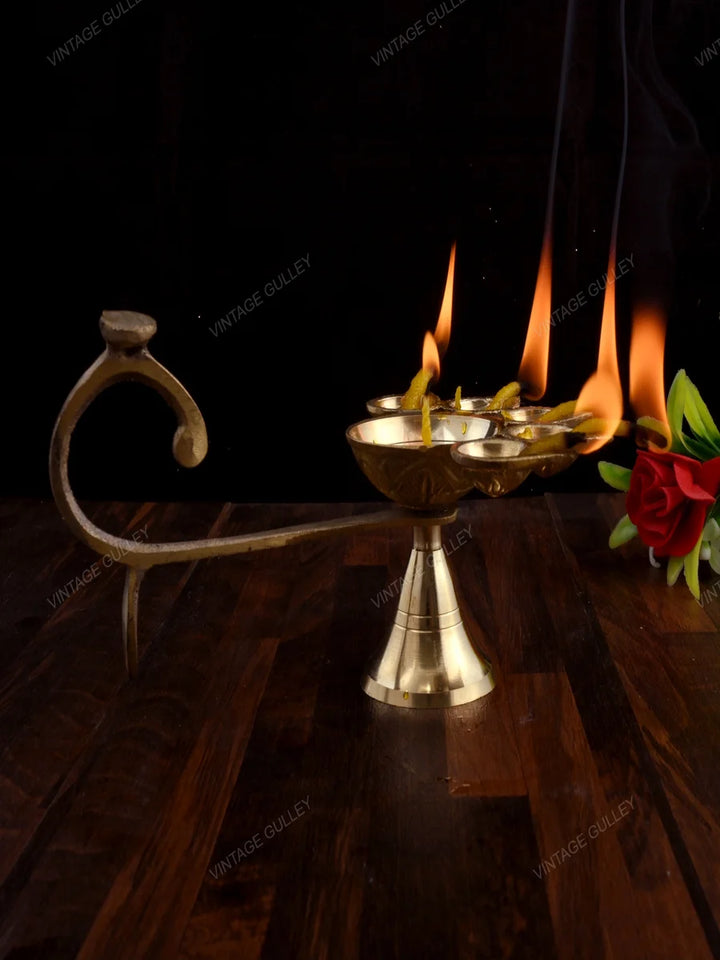 Brass Arti Diya 5 Face | Handcrafted Quality Brass Decorative Diya