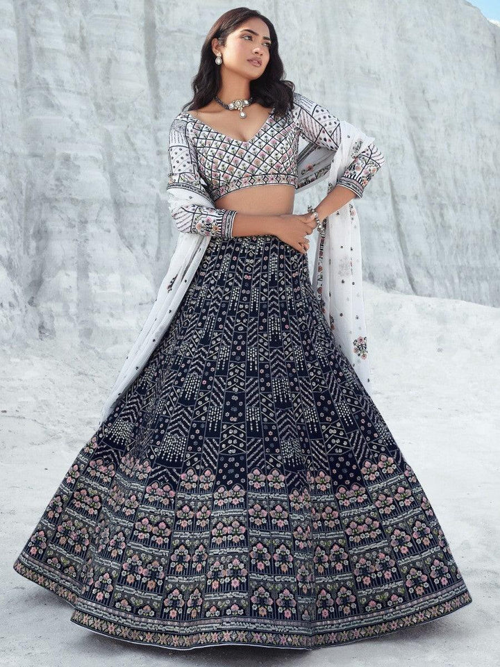 Dark Blue Lehenga | Georgette with White Choli & Dupatta for Weddings