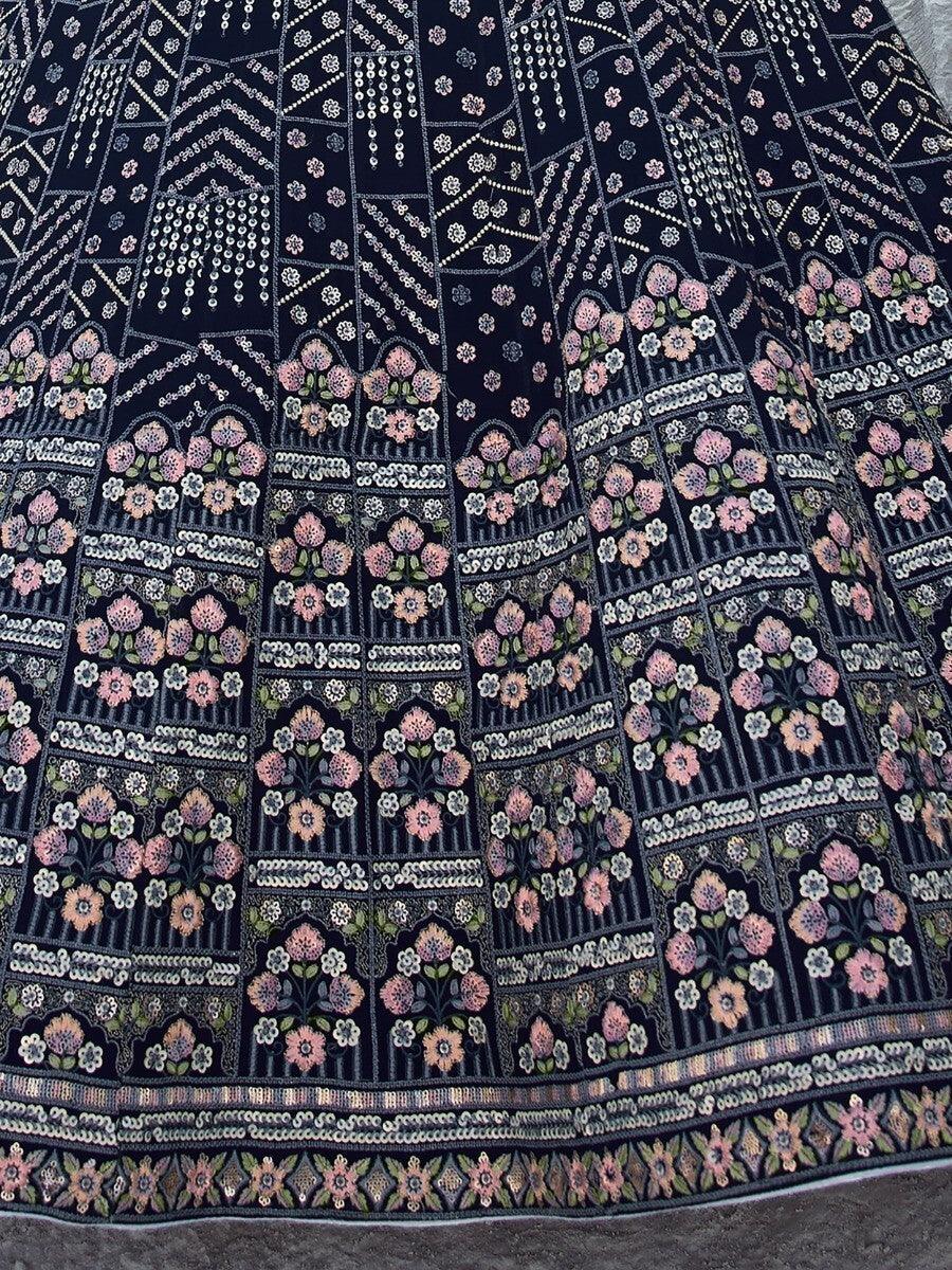 Dark Blue Lehenga | Georgette with White Choli & Dupatta for Weddings