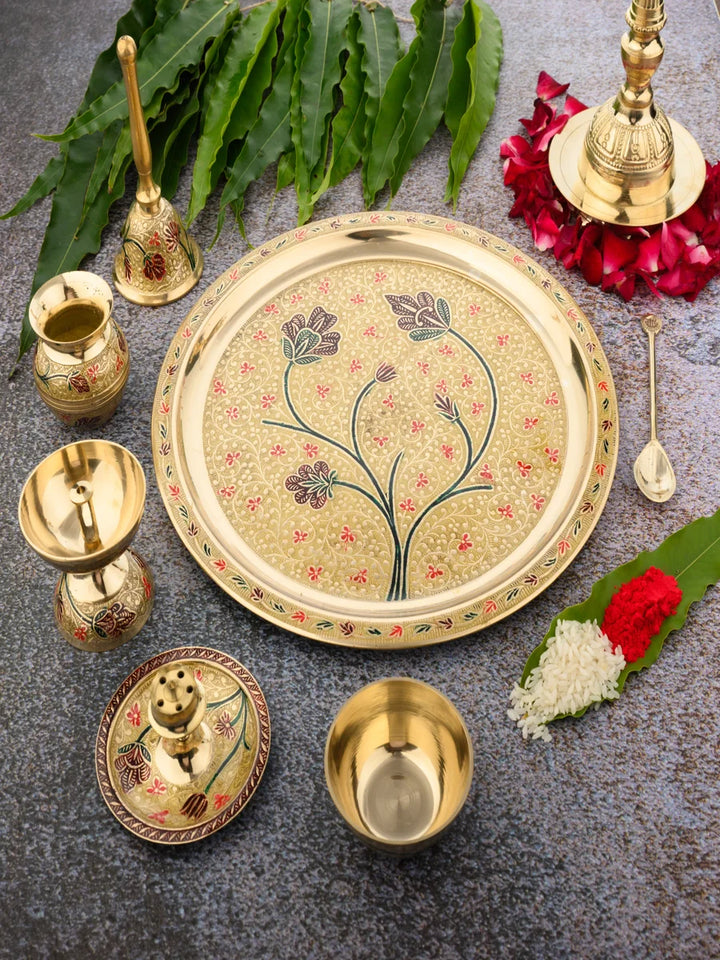 Brass Pooja Set 7 Pcs | Traditional Puja Thali for Rituals