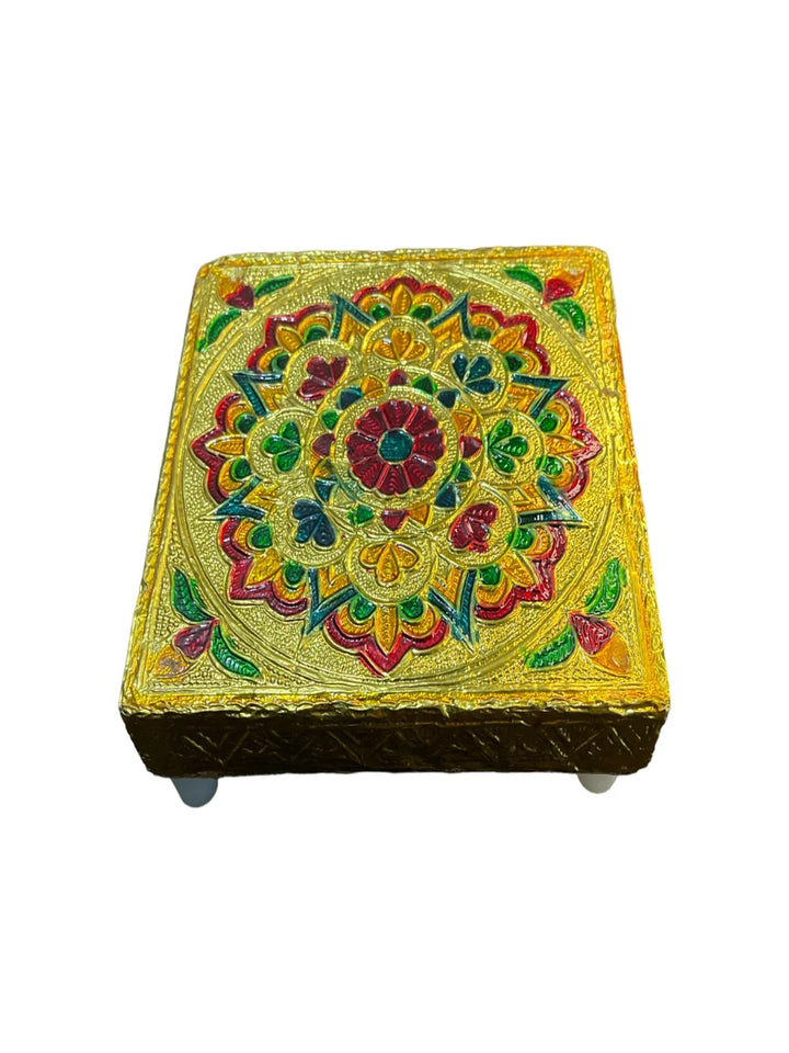 Handicraft Meenakari Wooden Chowki Puja Bajot for Home & Office Decor for Puja 4X4(inch) Small Chowki