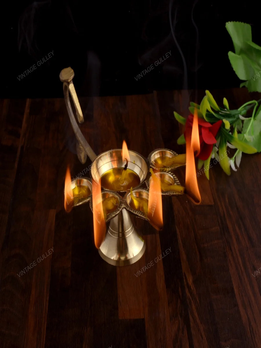 Brass Arti Diya 5 Face | Handcrafted Quality Brass Decorative Diya