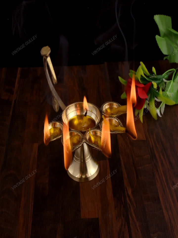 Brass Arti Diya 5 Face | Handcrafted Quality Brass Decorative Diya