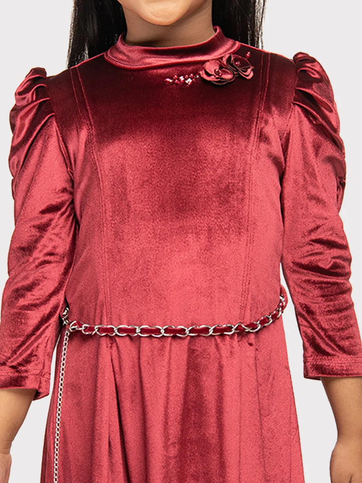 Luxurious Maroon Velvet Party Dress | Stylish Frocks for Kids
