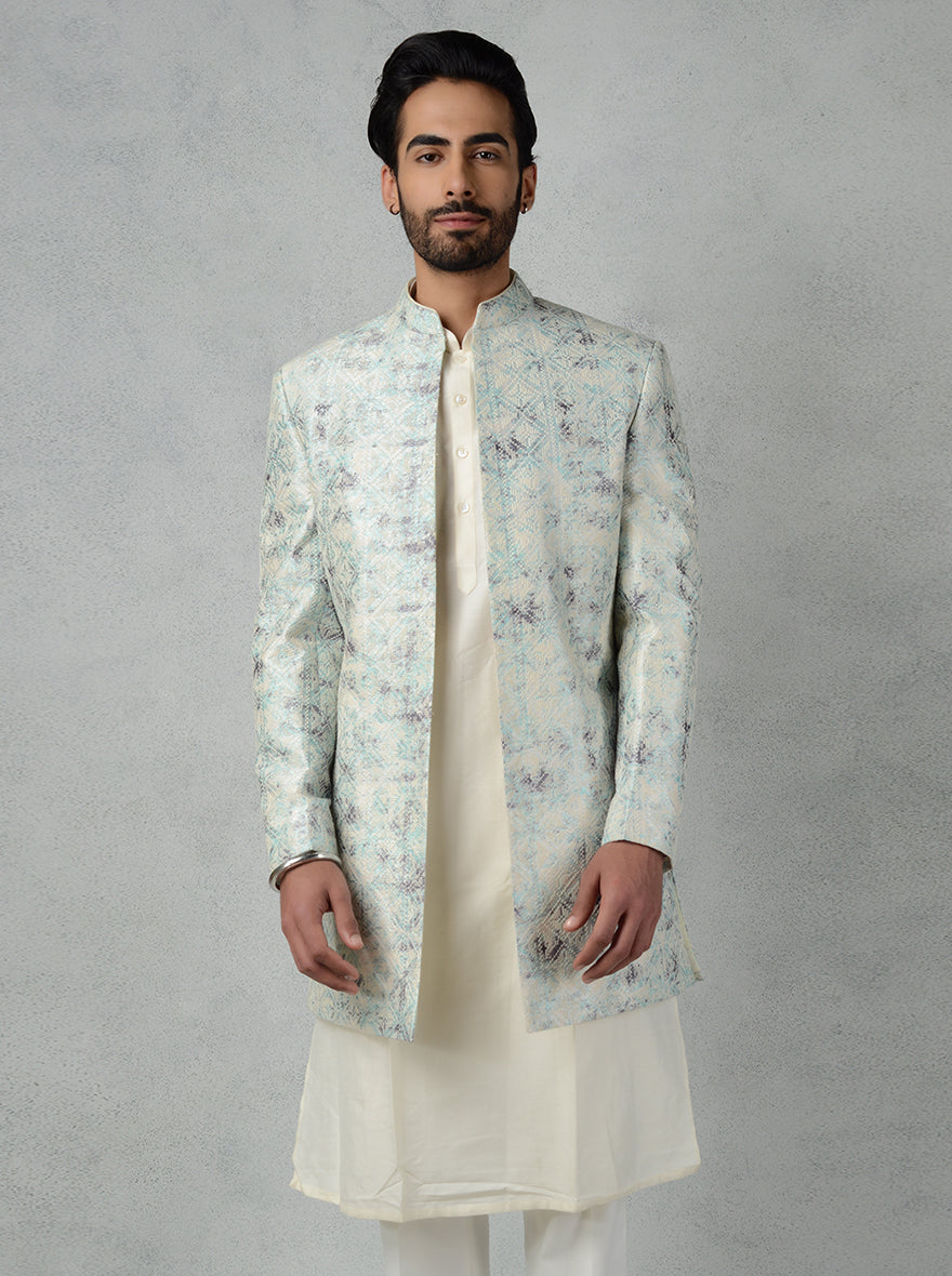 Blue & Grey Jodhpuri Suit for men with hand-stitched embroidery, perfect for weddings.