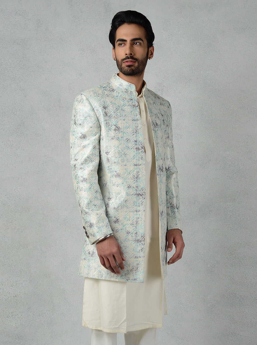 Elegant Blue & Grey Jodhpuri Suit with aqua blue and grey shades for men’s wedding wear.