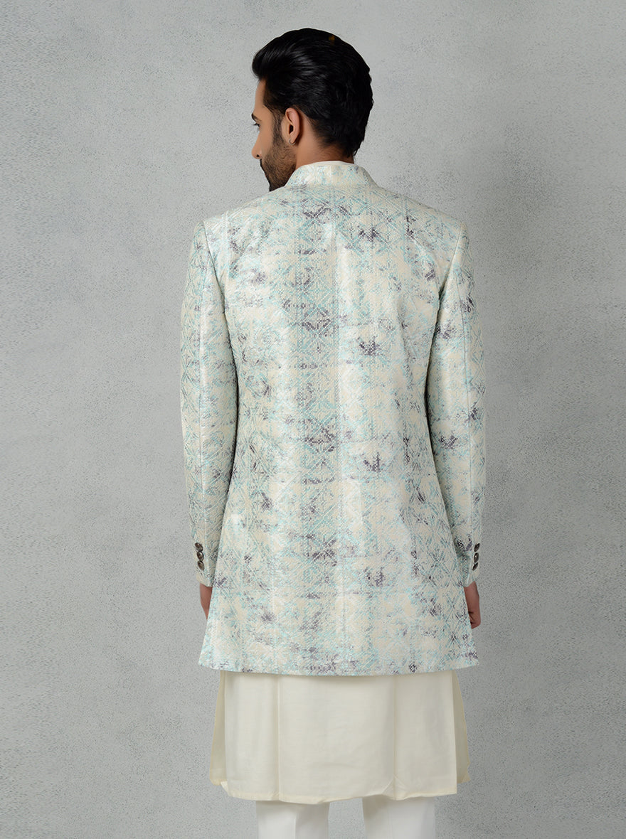 Stylish Blue & Grey Jodhpuri Suit for men featuring embroidered thread work.