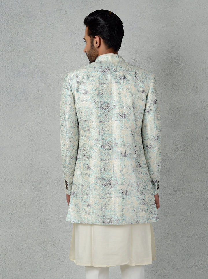 Stylish Blue & Grey Jodhpuri Suit for men featuring embroidered thread work.