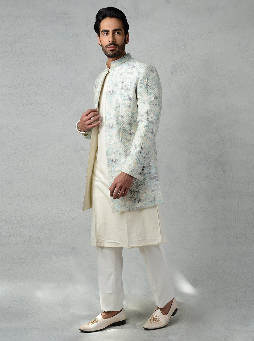 Aqua Blue & Grey Jodhpuri Suit with intricate embroidery, ideal for men’s wedding wear.