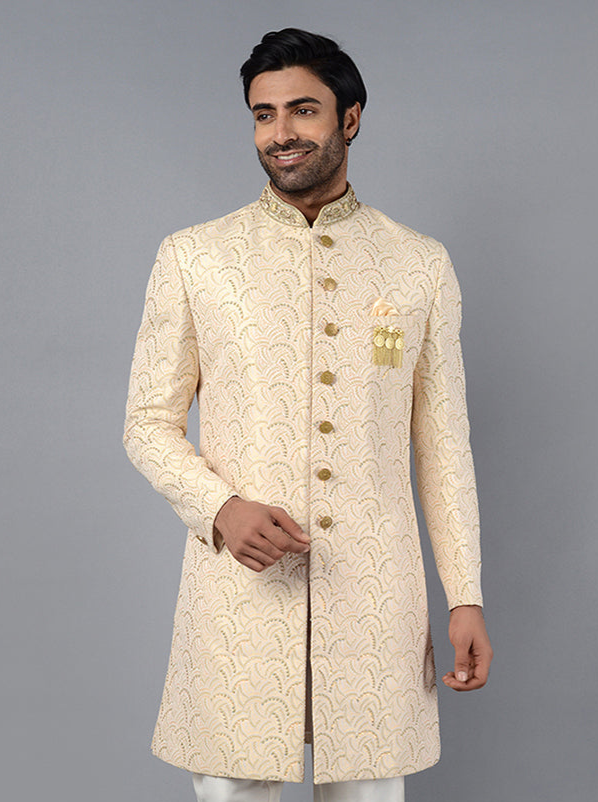 Elegant Cream Jacquard Indowestern | Traditional Wedding Wear