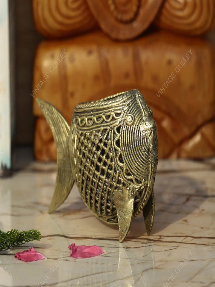 Handcrafted Dhokra Art Brass Pen Stand | Unique Desk Organizer