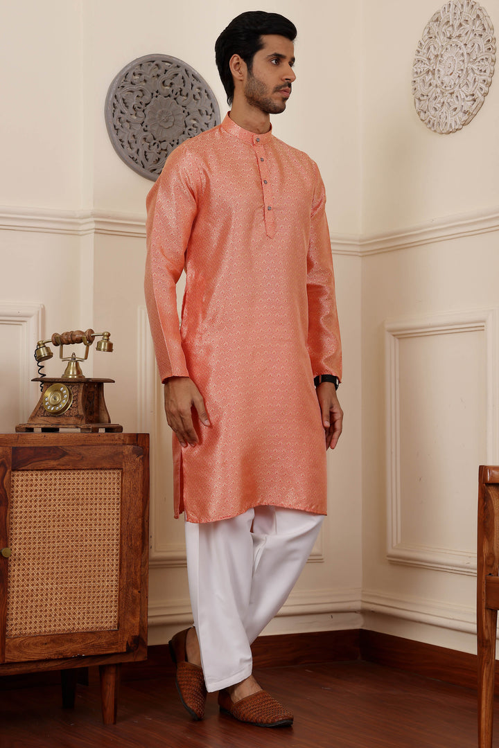 Timeless orange kurta for men crafted in premium Viscose, ideal for festive celebrations.